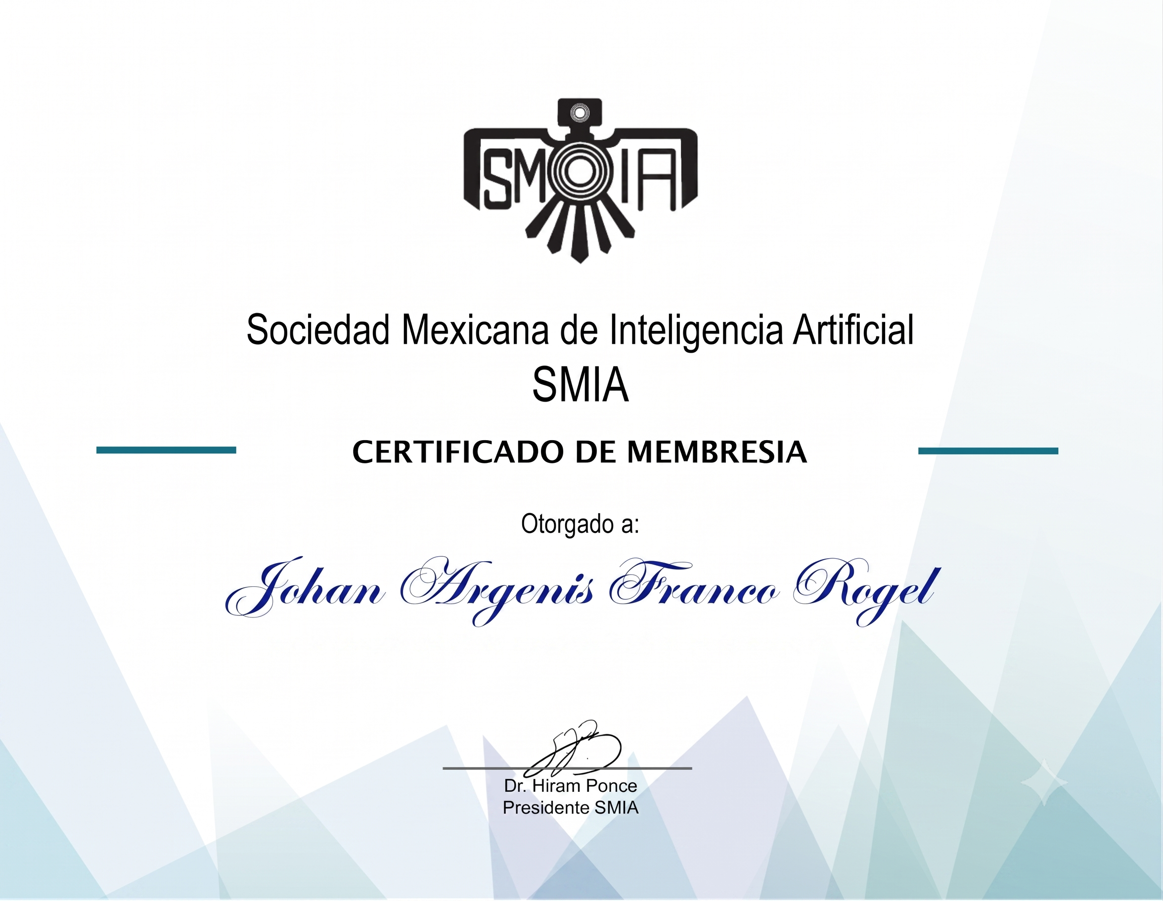 Certificado de membresía de Johan Argenis Franco Rogel en la Sociedad Mexicana de Inteligencia Artificial